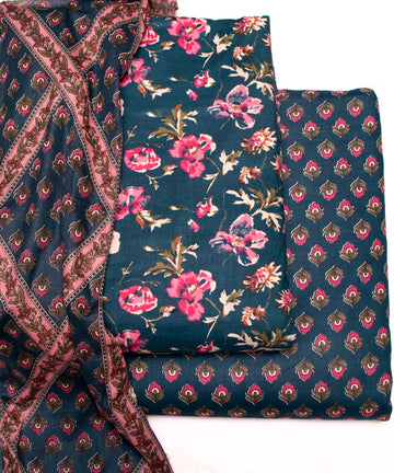 Teal Blue Floral Print Cotton Suit